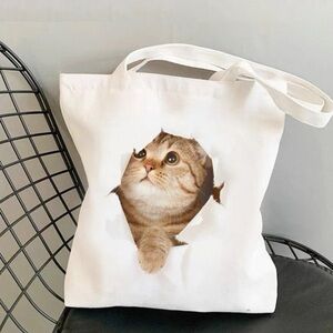 Funny Cute Kitty Cat white canvas shoulder Tote Bag totebag for cat lovers